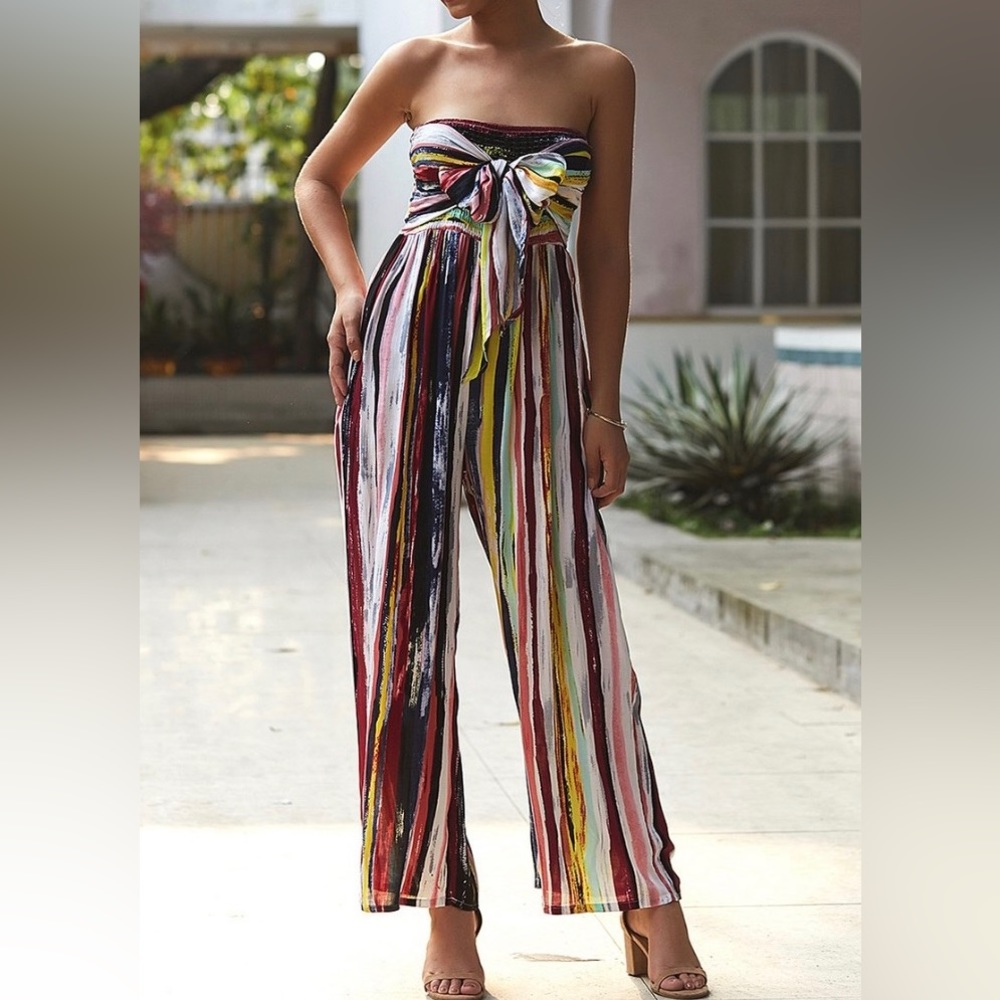 Multicolor Strapless Stripe Lace-Up Jumpsuit